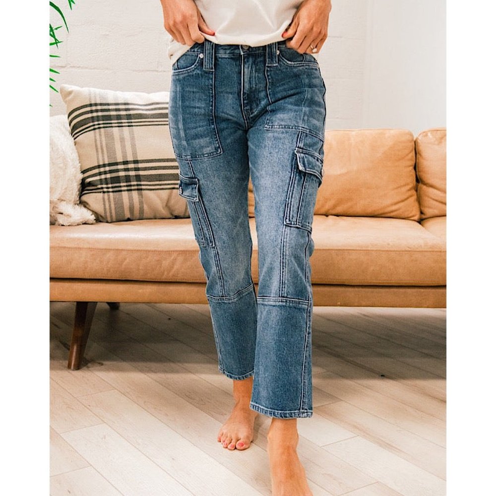 KanCan Womens Blue Denim Cargo Jeans W13/30 With Multiple Pockets & Relaxed Fit - Picture 1 of 10